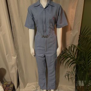 1970s flared dagger collar jumpsuit.